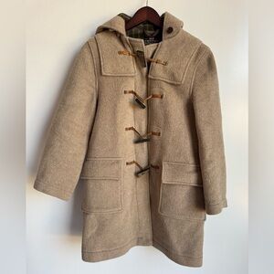 Gloverall Duffle Coat Hood Wood Toggle Buttons Wool S Brown Tan Green Plaid VTG